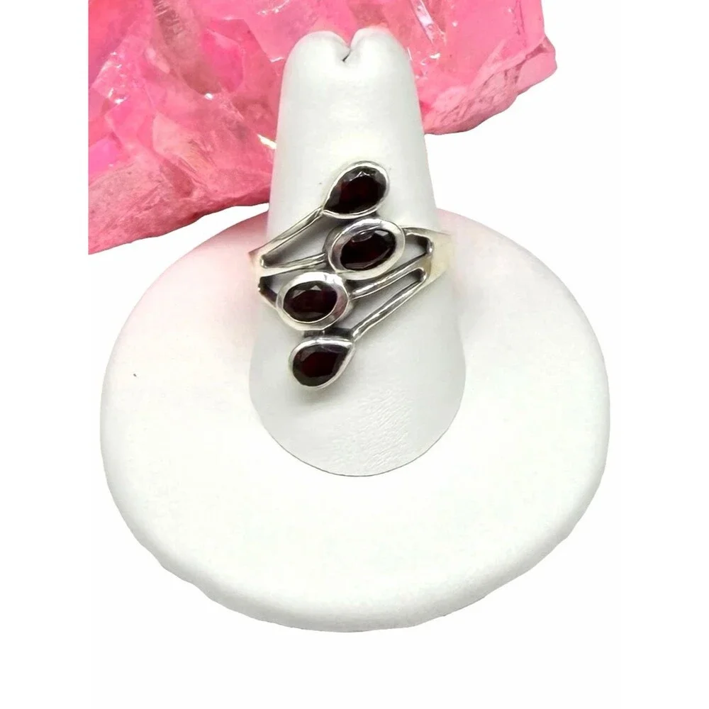 Garnet Ring Solid 925 Sterling Silver Size 8 Multi Stone Statement